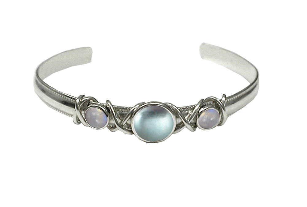Sterling Silver Hand Made Cuff Bracelet With Blue Topaz And Rainbow Moonstone